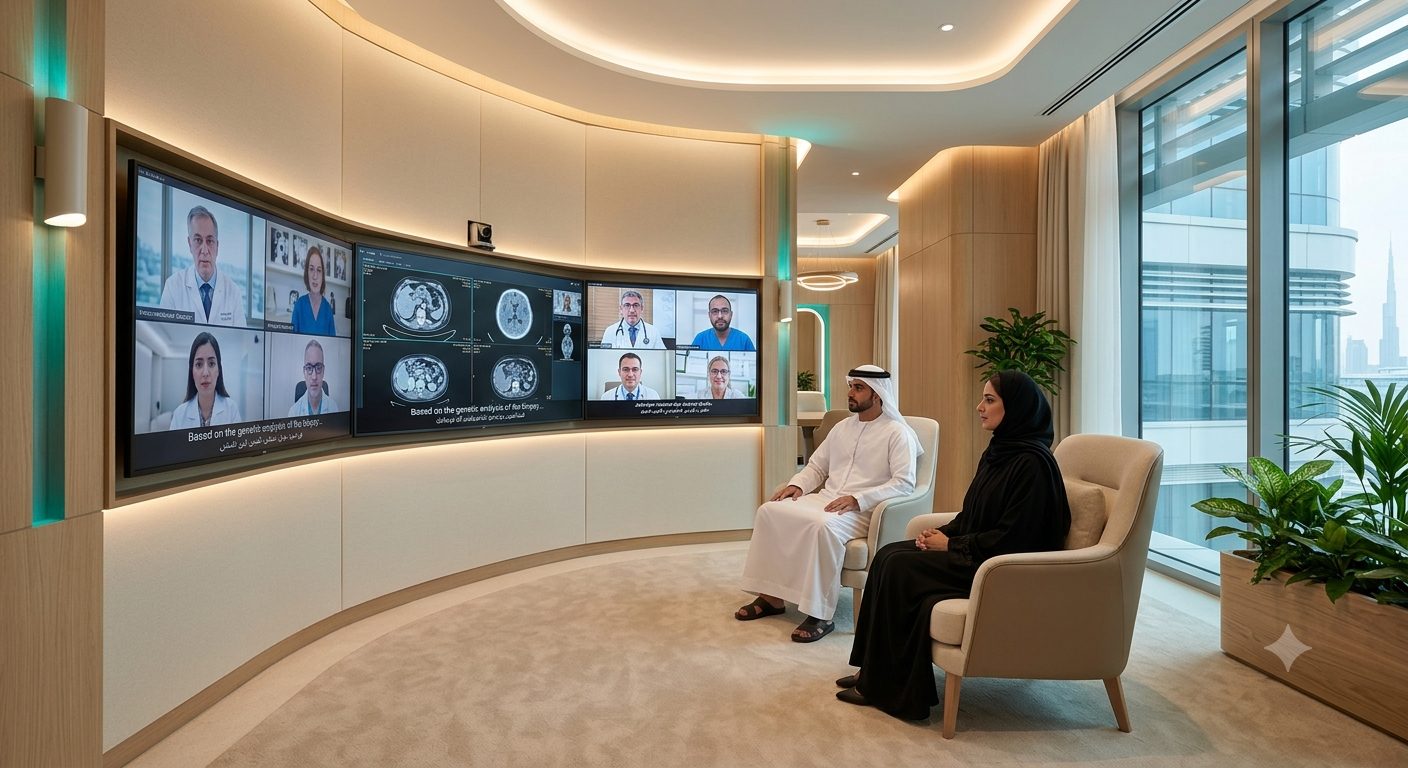 Patients in a modern consultation room joining an international video tumour board