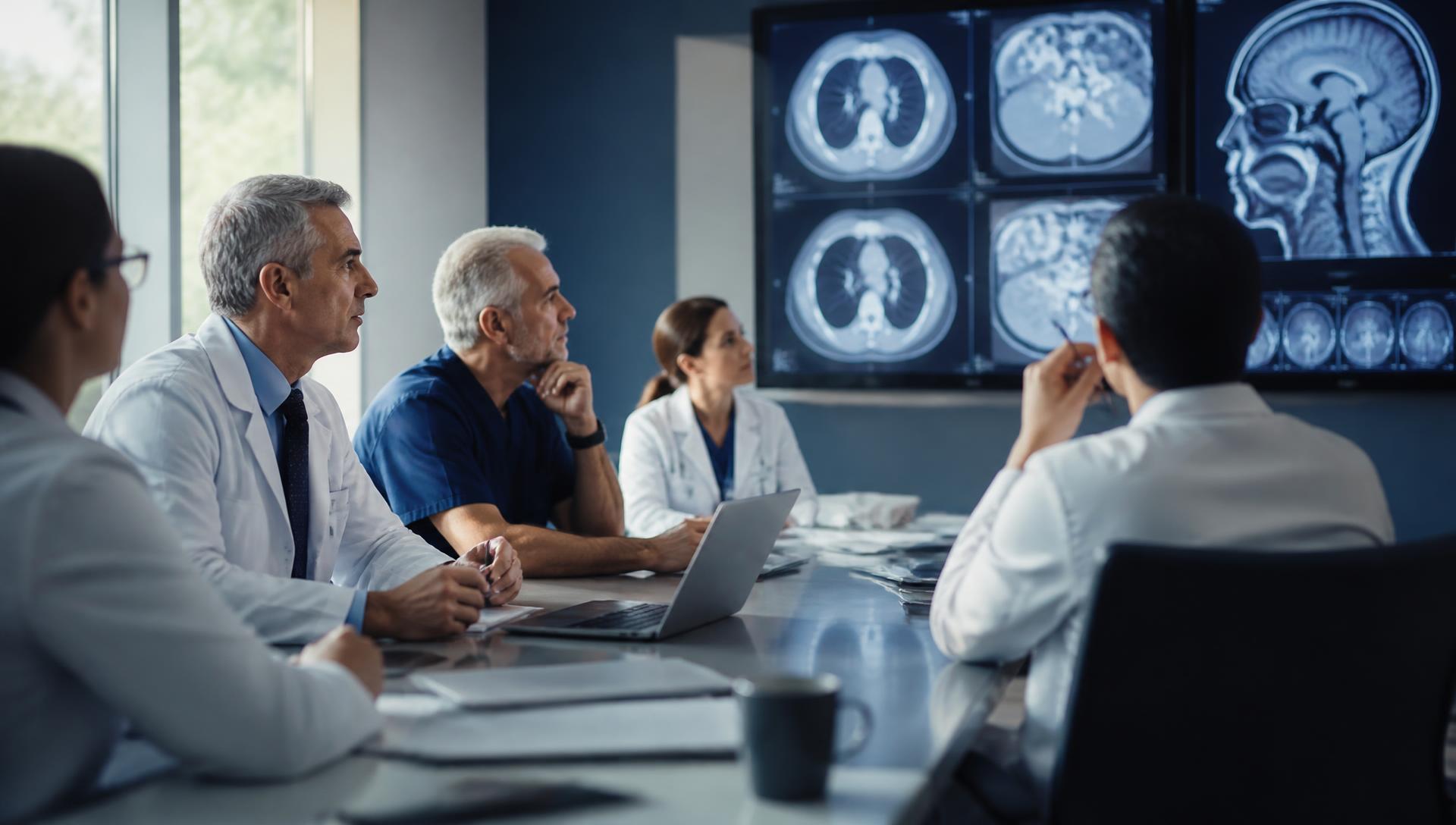 Oncologists reviewing CT and MRI scans during a multidisciplinary tumour board